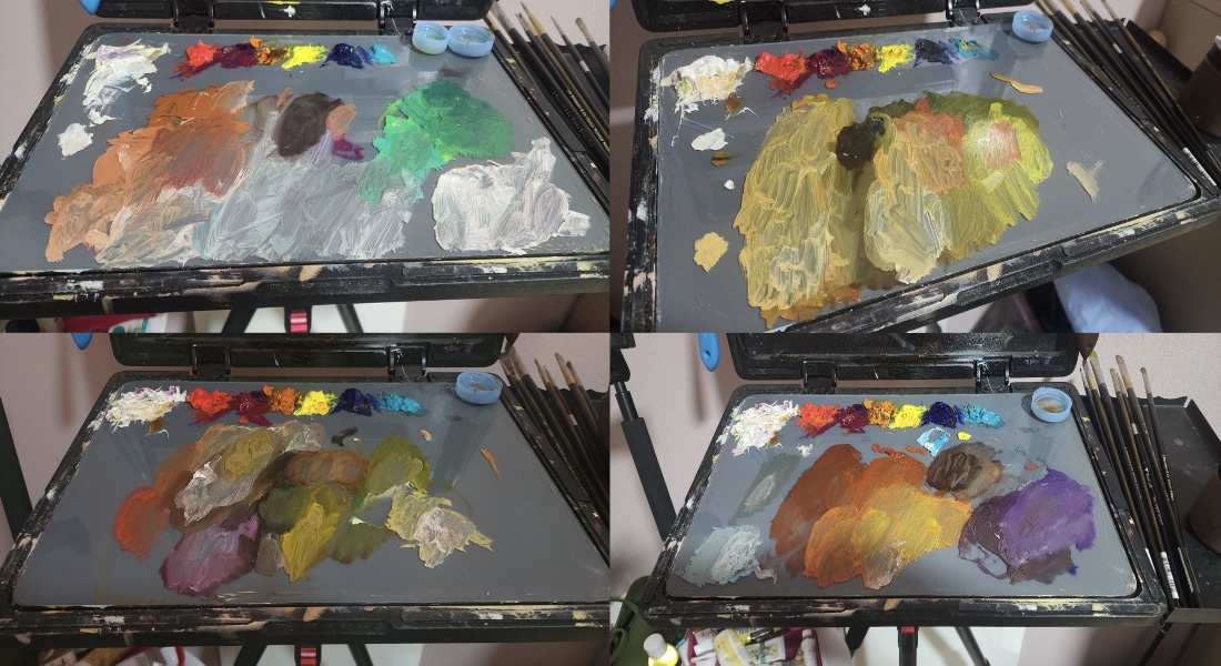Four photographs of a painter's palette with a wide variety of mixes below a line of seven colors.