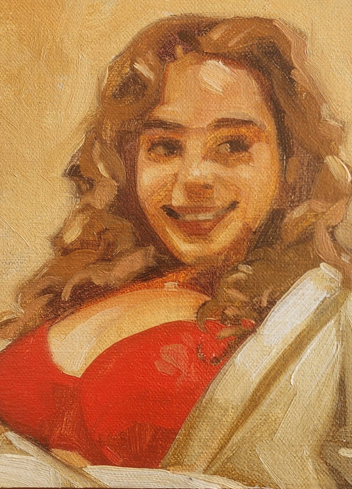 Oil on canvas portrait painting of a white woman with curly blonde hair in a red bra and an open white shirt.