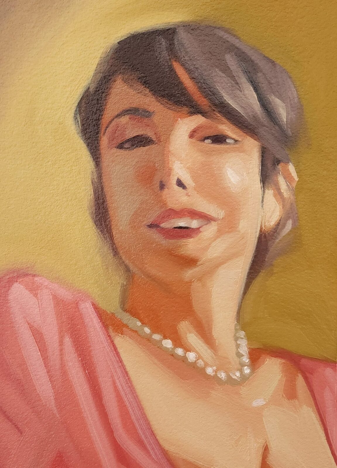 Oil on canvas portrait painting of a white woman smiling wearing a necklace of pearls.