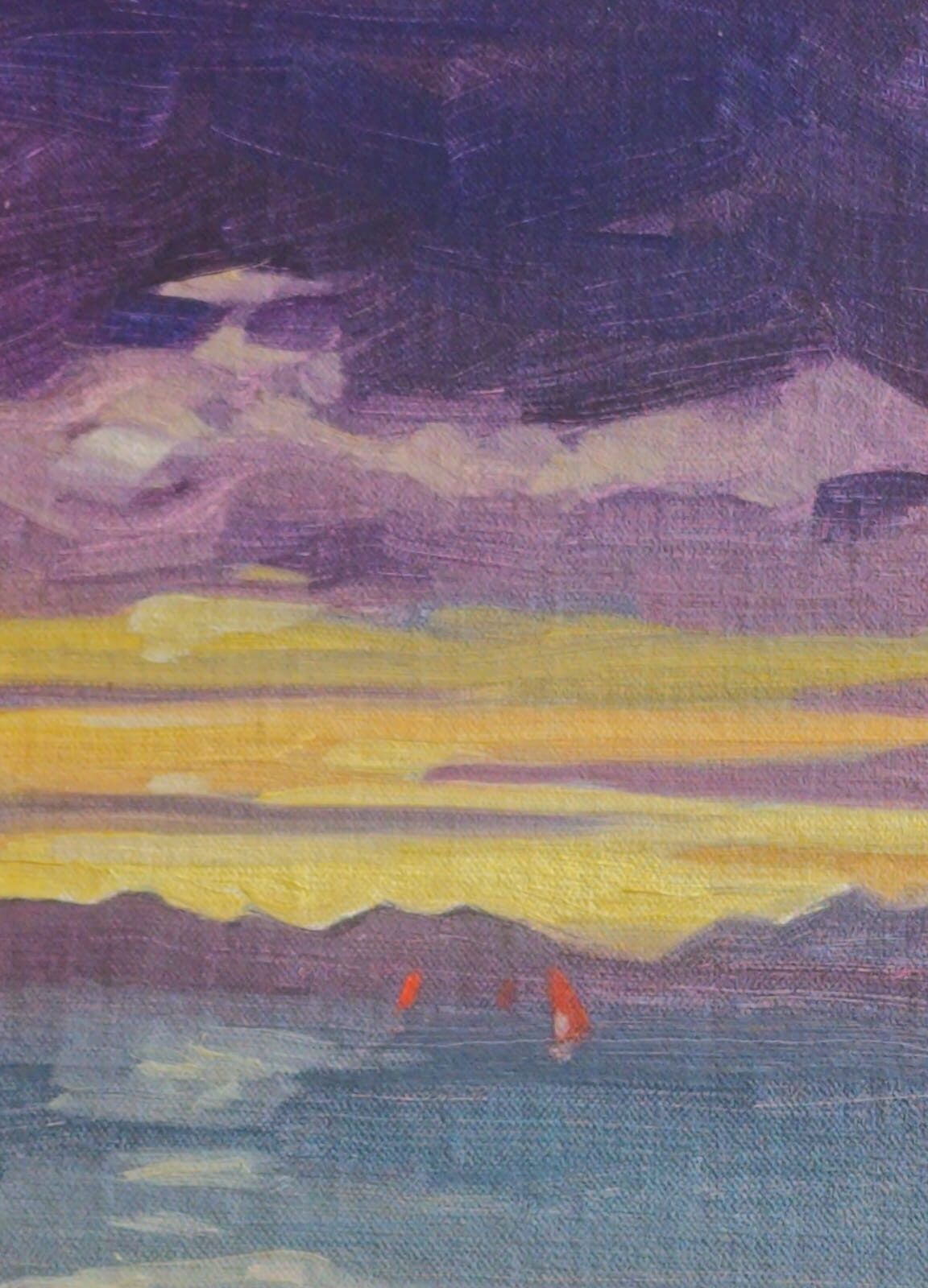Oil on canvas landscape painting of a sunset over the sea. The sky is yellow. The clouds are purple and there are little red sail surfers on the water.